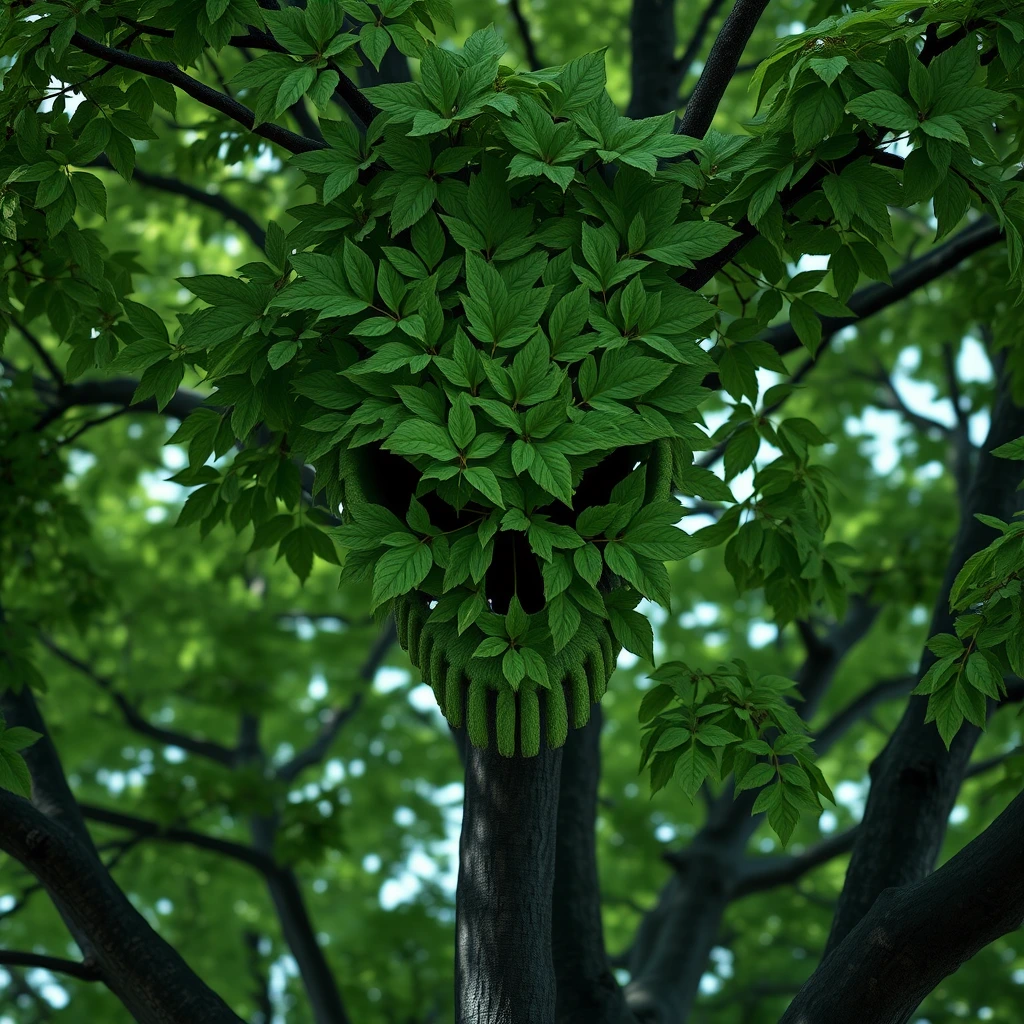 Generate a high-resolution, photorealistic image of a tree where the leaves in the treetop are arranged to subtly form the shape of a demonic skull face. The skull should be composed entirely of green leaves, with the background color peeking through the spaces between the leaves to outline the skull. The design should be intricate, making the skull visible only upon closer inspection, rendered in 8k resolution.