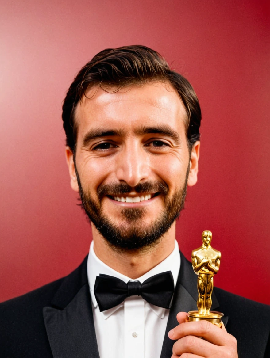 Man wearing a tuxedo winning an Oscar