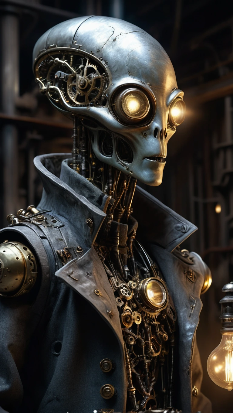 A mysterious Steampunk alien with intricate silver and brass gears and tubes, adorned in a tattered Victorian-era coat, emerges from a cloud of steam in a dimly lit industrial workshop. The alien's glowing, multi-faceted eyes gaze into the distance as gears turn and whir, creating an otherworldly atmosphere of technology and intrigue. The steam dissipates, revealing the alien's metallic exoskeleton, reflecting the soft glow of flickering gas lamps, casting eerie shadows and highlights against the worn wooden workbenches and tools strewn about.