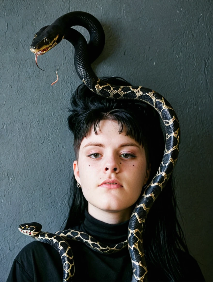 A female goth with piercings and a pet snake