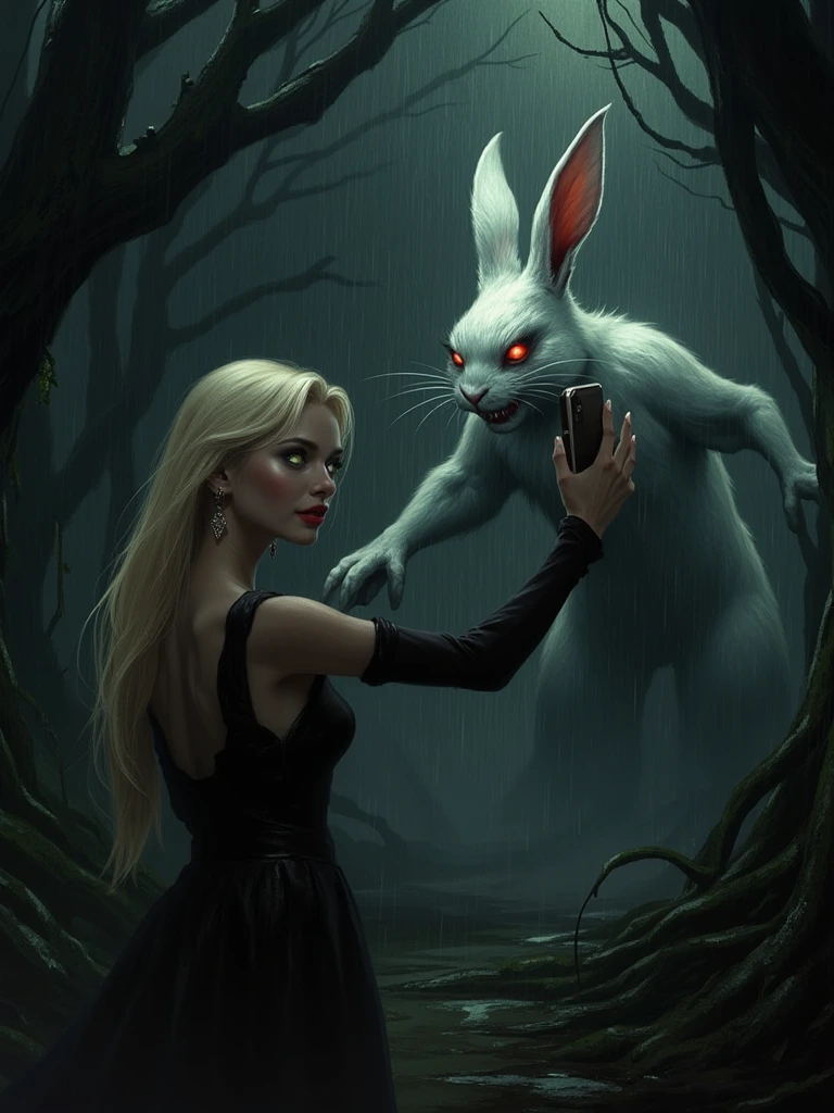 Japanese horror anime style, a beautiful blonde Japanese woman with crystal green eyes and beautiful smiling, she taking a selfie with apple smart phone as a killer white bunny rabbit attacks her as she takes a selfie within a dark forest, crimson red eyes of Killer white bunny rabbit demon beast with thorough detailed, horror vintage realistic anime design, extreme sharpness of the rabbit, dark tropical paradise background as shadow exposure is cause by a hard rain storm as rain pours on everything. Dark Fantasy landscape with silverpoint illustration.