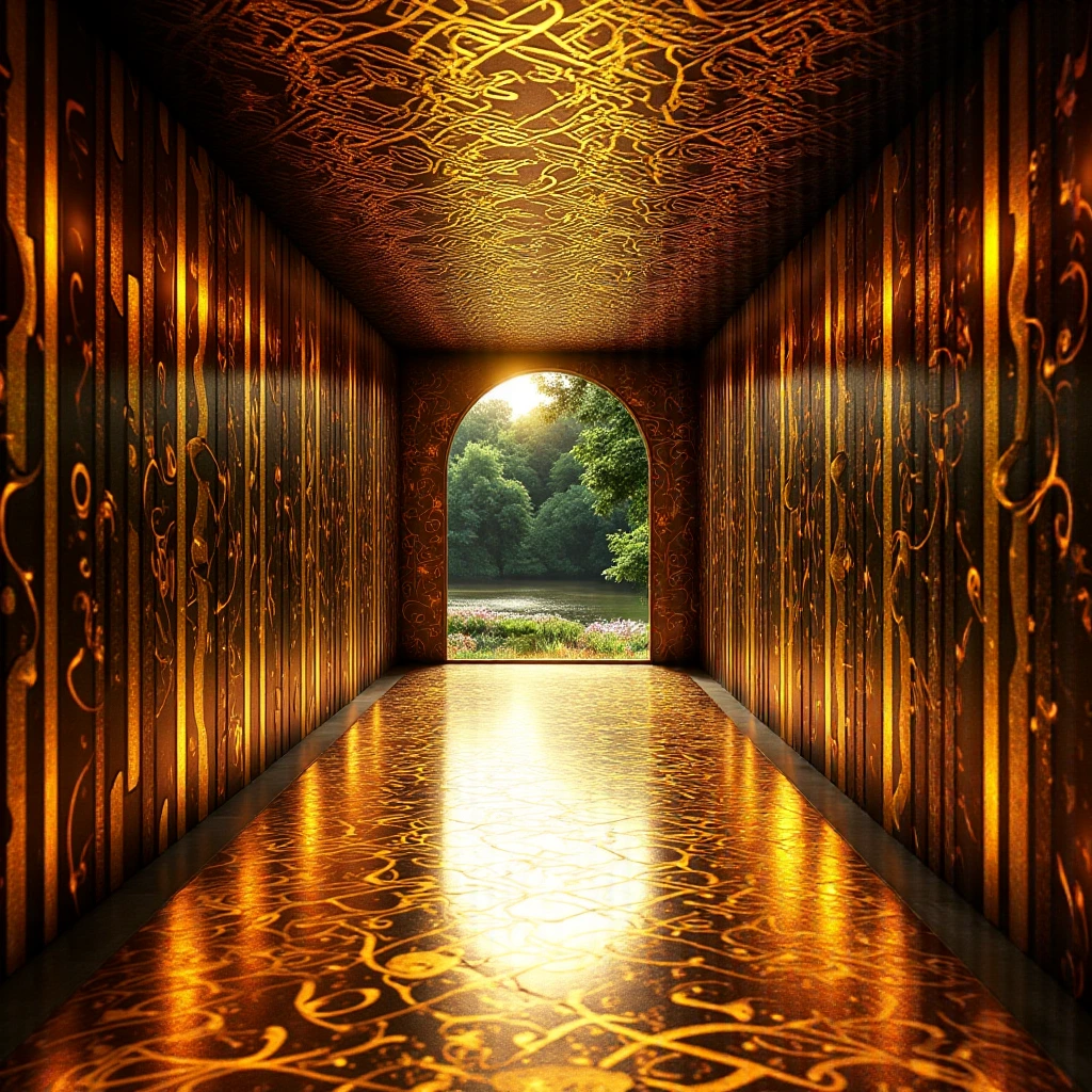 Imagine stepping into a corridor that seems to stretch infinitely, its walls neon effects adorned with intricate, shimmering patterns reminiscent of Gustav Klimt’s masterpieces. The corridor is a neon effects symphony of gold and deep, rich hues, with stripes that alternate between metallic gold and deep neon effects , velvety black. These stripes are not just simple lines but are interwoven with delicate, swirling motifs and geometric forms that dance across the surface, creating a mesmerizing tapestry of shapes and colors neon effects 
As you walk further, the geometric forms become more pronounced, evolving into complex mosaics of triangles, squares, and circles, each filled with tiny, detailed patterns that catch the light and glimmer like precious jewels. The floor beneath your feet is a continuation of this artistic marvel, with tiles that mirror the wall’s designs, making you feel as though you are walking through a living painting.
Despite the lack of windows or doors, the corridor is bathed in a warm, golden light that seems to emanate from the very walls themselves, casting a soft glow that enhances the ethereal atmosphere.  
At the end of the corridor, the geometric forms converge into a grand, ornate archway, beyond which lies a lush, verdant garden. The garden is a stark contrast to the opulent corridor, filled with vibrant flowers, towering trees, and a serene pond that reflects the sky above. The transition from the corridor to the garden feels like stepping from a dream into reality.