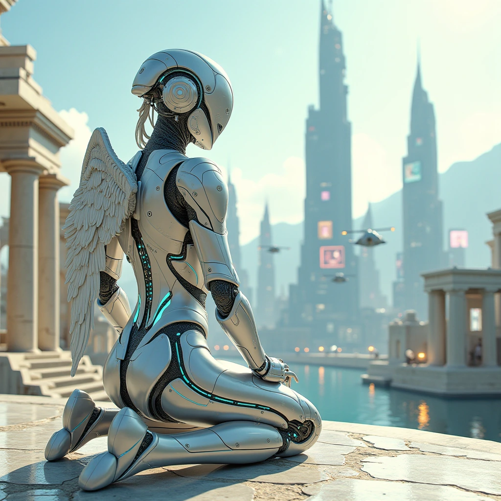 A Greco-Futurism styled cityscape blending ancient Greek architectural elements with futuristic buildings rises against the horizon. The skyline showcases a fusion of marble temples, statues, and columns harmonizing with sleek skyscrapers, flying vehicles, and holographic billboards. The color palette plays with whites, golds, and hints of neon blue accents to create a mesmerizing contrast. The scene invites viewers to ponder the coexistence of past and future in a vibrant and dynamic metropolis.


A futuristic female robotic warrior made of High Purity Titanium Steel (10% chromium) kneels in the Liquid Metal World Universe, conducting a complex repair. Her razor-sharp wings exude a fierce aura as she reverently approaches the Gateway. Neon bioluminescent gradients dance off intricate circuitry patterns on her metallic skin, while cybernetic enhancements pulse with blue light, enhancing her powerful appearance against the alien landscape. The scene is crafted in a photorealistic style with surreal elements, heightened by vivid colors, intricate details, and a cinematic flair.