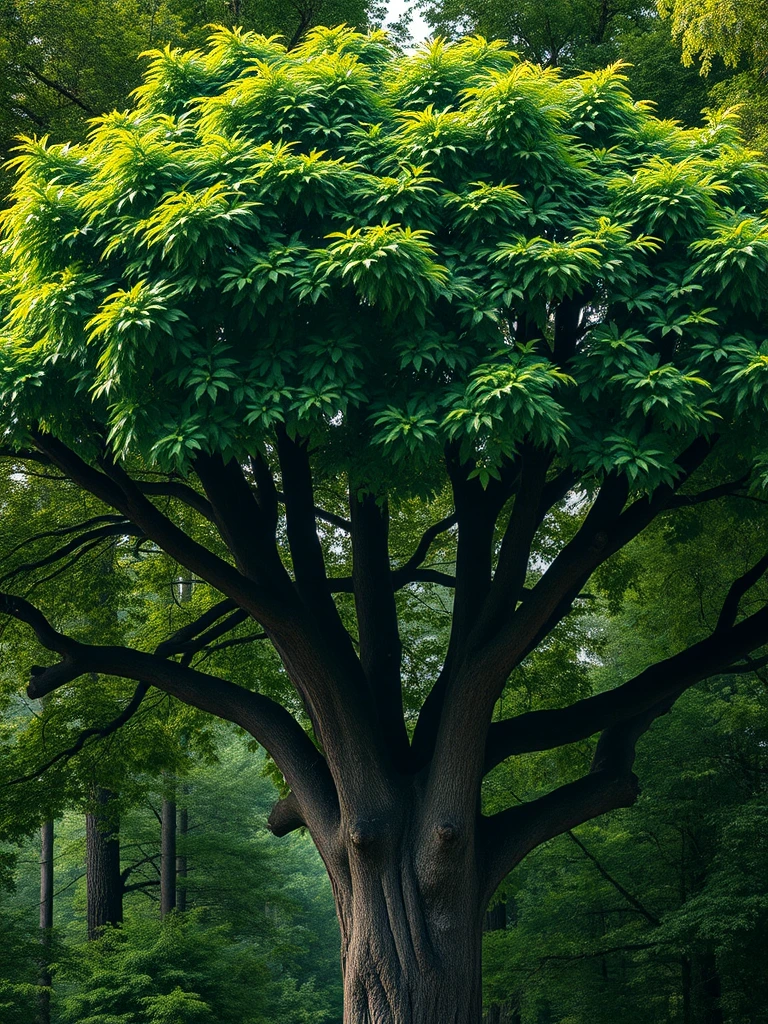 A breathtakingly realistic 8K resolution photograph of a large, lush tree in a tranquil forest setting. The dense canopy of green leaves at the top of the tree has been meticulously arranged to form the subtle yet unmistakable outline of a demonic skull face. The skull is crafted entirely from the natural shapes and textures of the leaves, with the background forest visible through the spaces between the leaves to create the impression of the skull's features. The design is remarkably intricate, requiring close inspection to fully discern the eerie visage hidden within the treetop. The lighting is natural and the details are crisp, creating a sense of photographic realism. Everything about the image, from the tree's majestic form to the unsettling skull hidden within, should captivate the viewer's attention.