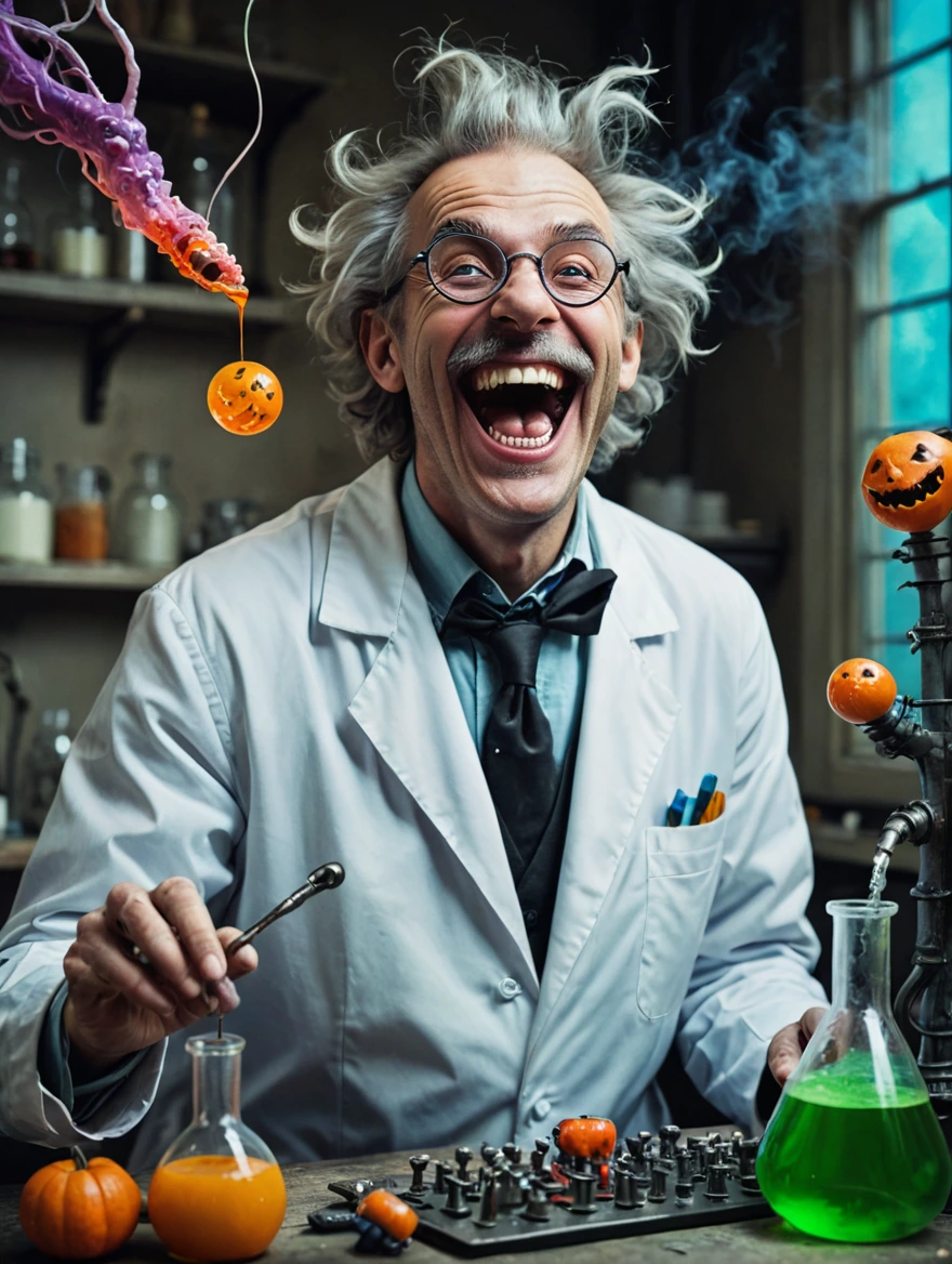 A mad scientist is laughing in joy at his monstrous creation spooky vibe, surrealist style, fantastical, magical, unexpected, super detail, dreamy lo-fi photography, colorful