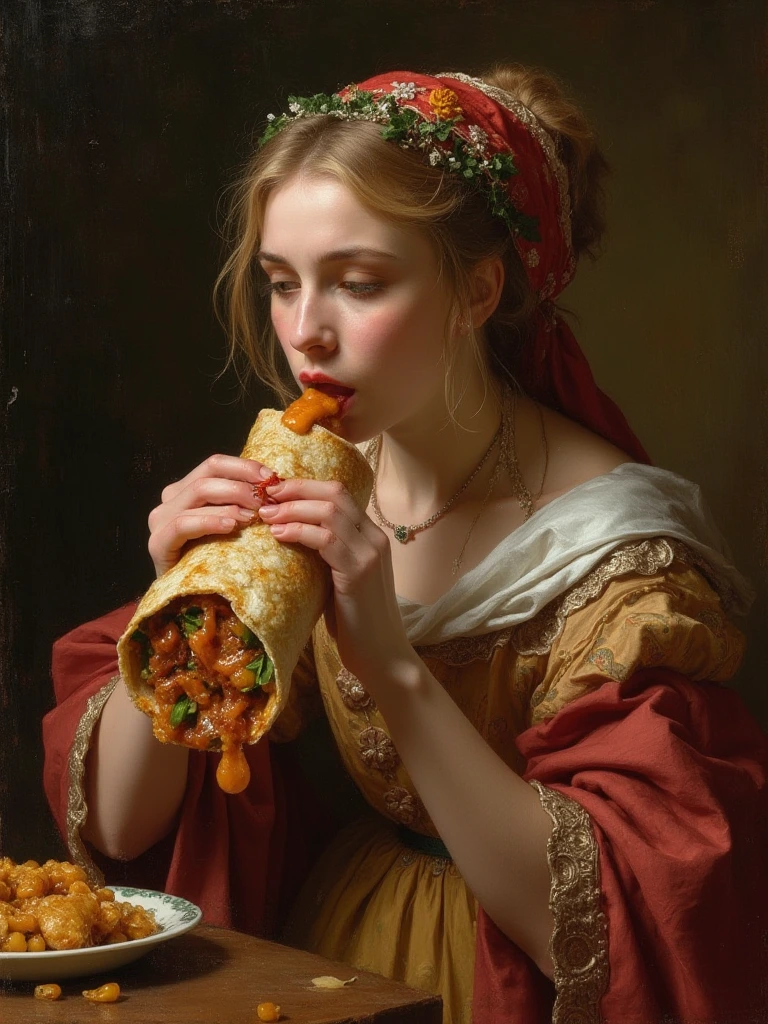 Create a painting portrait of a woman in renaissance style eating a sloppy burrito