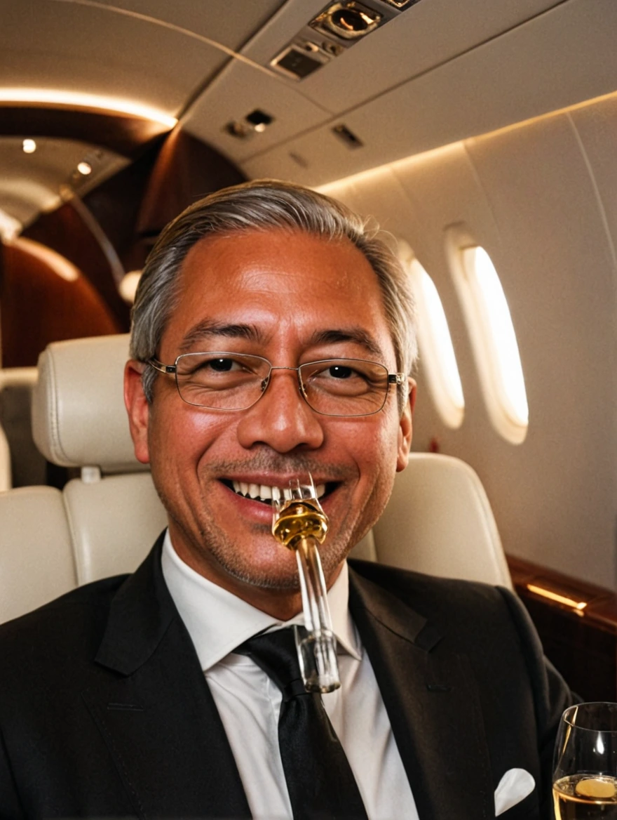 man drinking champagne on a private jet