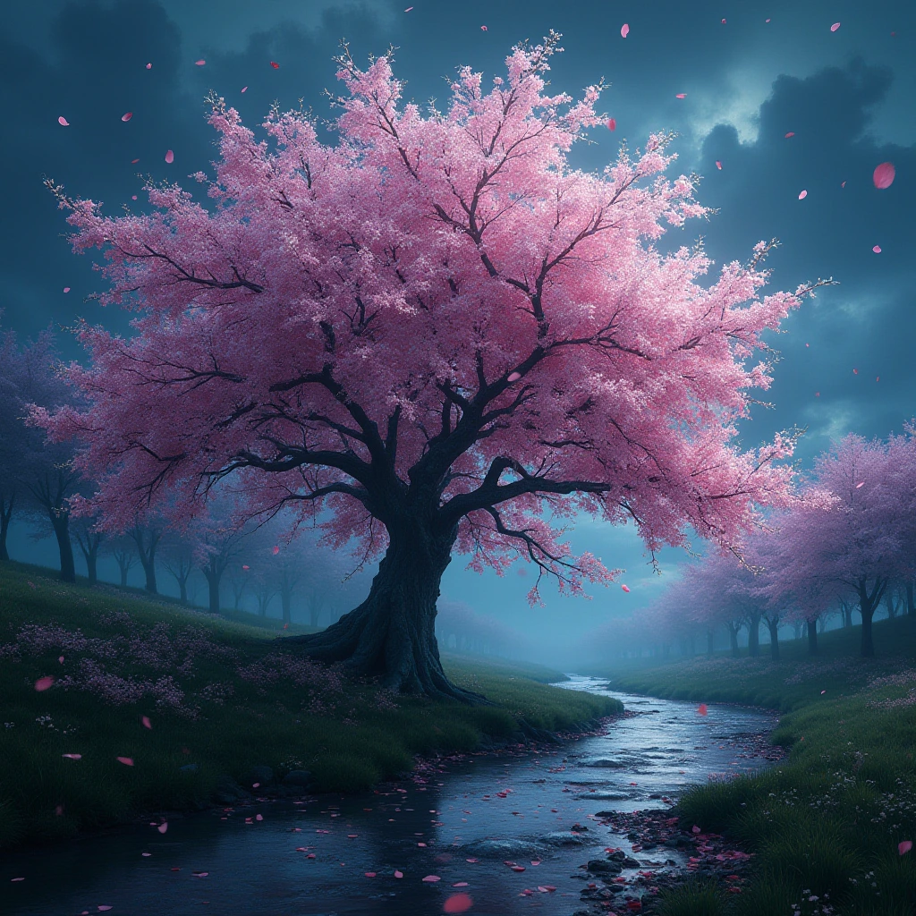 Generate a high-resolution, photorealistic image of a beautiful cherry tree in full bloom by a stream in a thunderstorm, petals floating and covering the surrounding ground. The windswept boughs against the stormy sky create the illusion of a haunting visage in the canopy, a demonic skull described by shifting light on the blossoms as the branches are blown by strong swirling winds.
, hyper-detailed, night, rendered in 8k resolution.