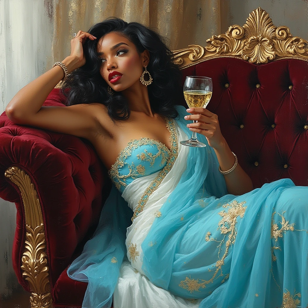 An elegant and beautiful African American model reclining on a luxurious velvet sofa, delicately holding a crystal-clear wine glass. She is wearing a beautiful Tiffany blue and white color saree with embroidery designs. Her lipstick is dark blood red. The painting is created with bold, dynamic brushstrokes that marry realism with abstraction, reminiscent of both traditional yakusha-e and modern abstract expressionism. Elegant gold leaf accents glint in the light, enhancing the rich, deep colors that contrast sharply with areas of pristine white, creating a visually captivating and sophisticated composition.