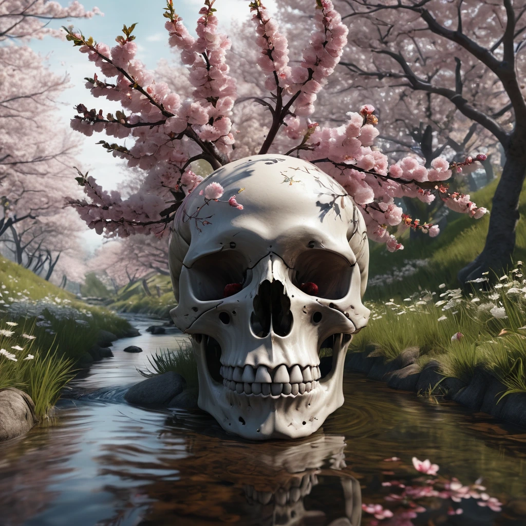 Generate a high-resolution, photorealistic image of a beautiful cherry tree in full bloom by a stream.
The illusion of a skull appears to be formed by the arrangement of windswept blossoms and boughs, as though through double exposure
, rendered in 8k resolution.