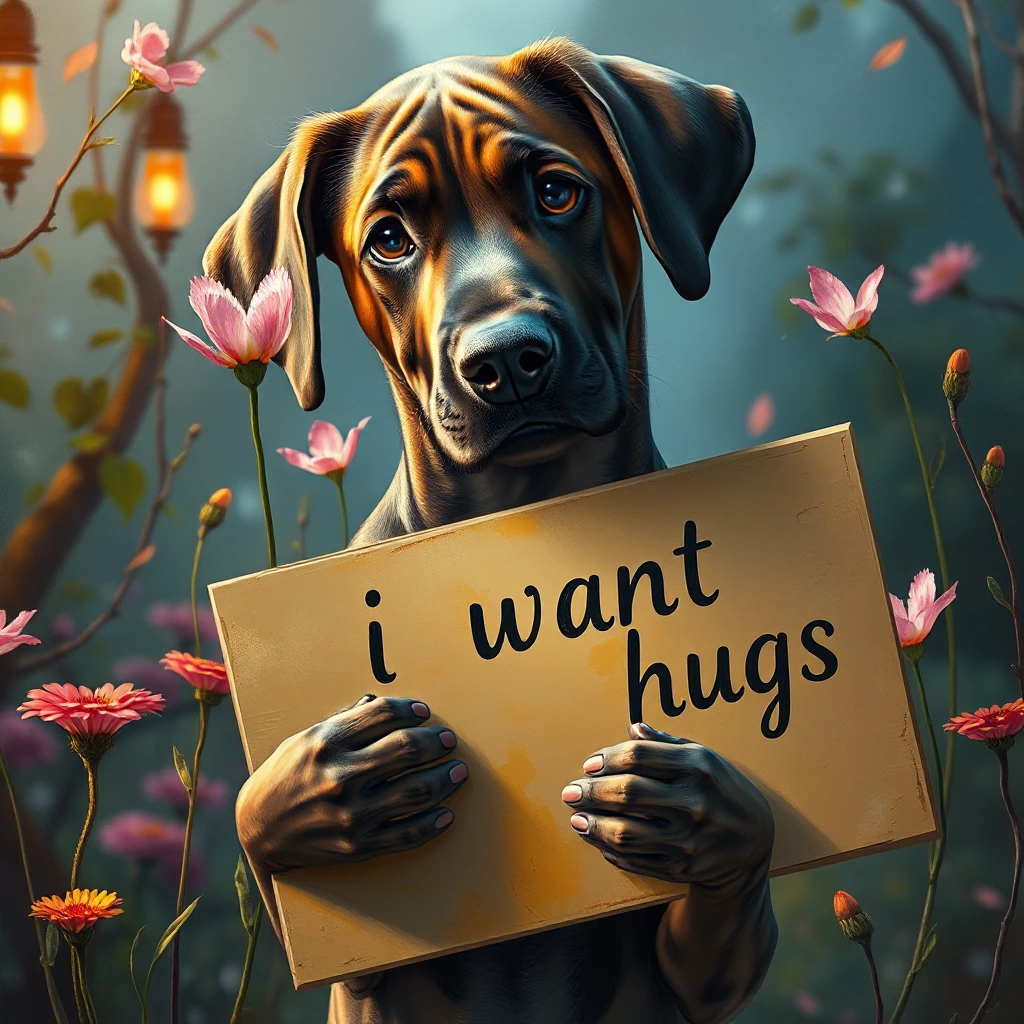 A painting masterpiece showcasing beautiful ultra detailed great Dane puppy holding a sign saying "i want hugs" through  distorted reality. The vivid colour palette and intricate brushwork immerse viewers in a mesmerizing world of realistic enchantment, where the surreal beauty of nature looms. The ambience is accentuated by cinematic lighting, elevating the atmosphere of mystical fantasy. Captured in crisp 1080p resolution, this lifestyle photograph invites you to delve into a realm of wonder and intrigue. Dramatic action