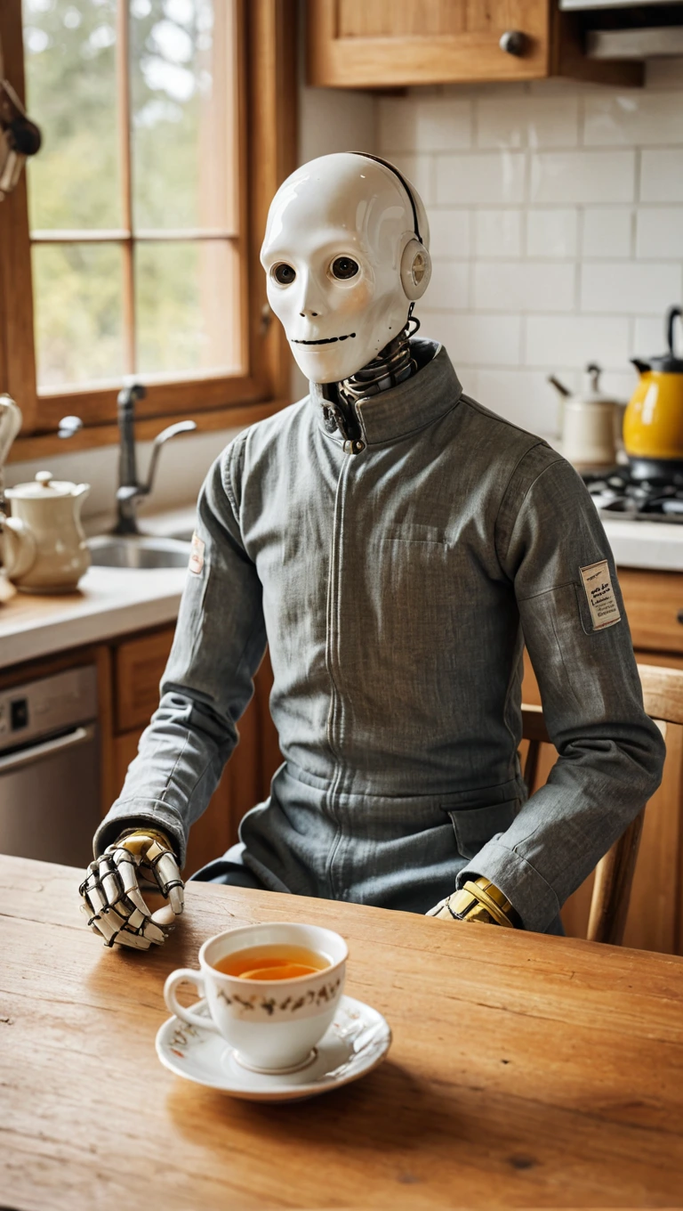 A Crash test dummy sitting at a wooden table in a cozy, sunlit kitchen, delicately holding a steaming cup of chamomile tea with elegant porcelain teacup and saucer. The crash test dummy's expressionless face contrasts with the inviting and warm atmosphere. Realistic details of the crash test dummy's safety gear and the steam rising from the tea add to the surreal and humorous scene.