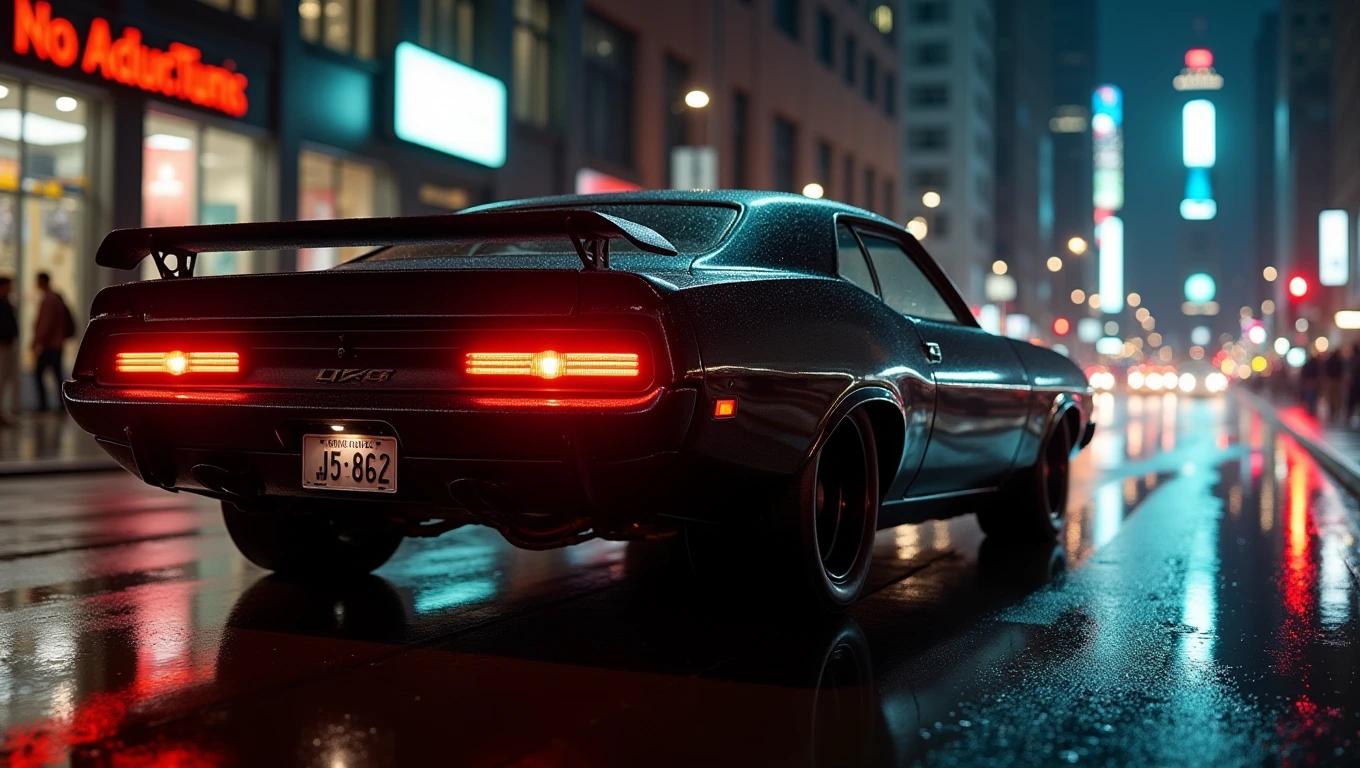 A sleek black musclepunk car with red taillights driving down a wet city street at night, reflecting the lights of the surrounding buildings and streetlights.