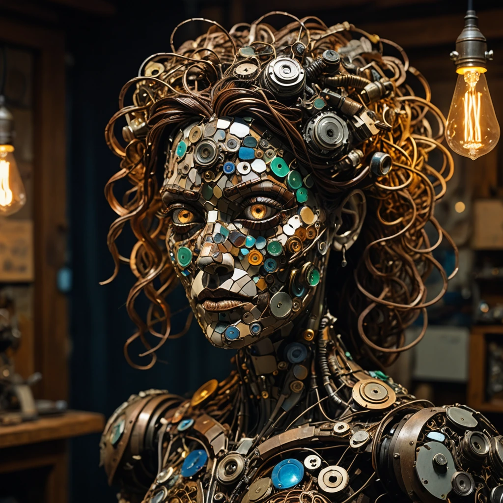 A woman constructed from a mosaic of discarded scrap parts: twisted wires form her flowing hair, broken circuit boards serve as her eyes, old rusted metal pieces make up her limbs, with a vintage radio as her heart center. Frankenstein-like creation, illuminated by a flickering light bulb overhead, casting eerie shadows in a dimly lit workshop. Brilliantly reimagined steampunk sculpture, showcasing intricate details and textures of each reassembled component.