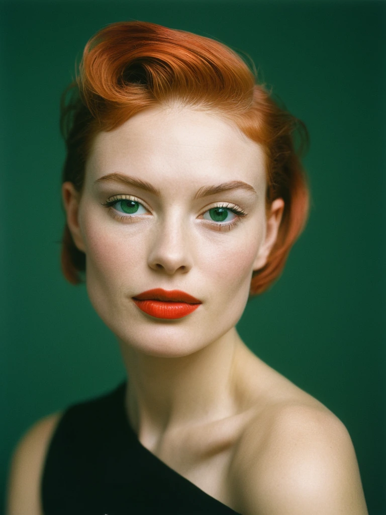 A  headshot resembling high ISO 35mm  film, emulating pushed Kodak Tri-X 400. The subject: a pretty woman with red hair and high cheekbones, with a top heavy undercut, red lips and emerald green eyes. Mimic a classic 35mm camera setup, ISO 1600, with a 50mm lens at f/2.8 for a shallow depth of field and soft background. Use high-contrast lighting from a single softbox at a 45-degree angle for deep shadows and highlights, enhancing texture and depth, pronounced grain, focusing on facial details