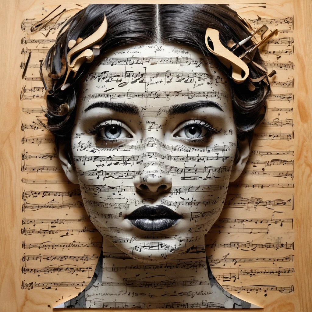 Create a womans face, pieced together from broken musical instruments and music notes