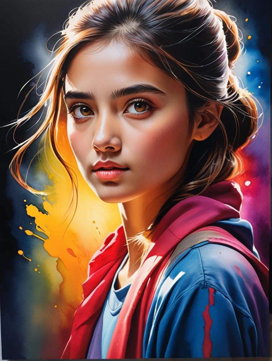 A mesmerizing and vibrant scene painted with remarkable expertise in hyper-realistic watercolor. The mastery of light and color transforms the canvas into a vivid and cinematic experience. The combination of intense hues and lighting effects creates a breathtaking display, unveiling an epic realism that transports the viewer into an alternate world. Every brushstroke reveals an astonishing level of detail, rendering the girl's features with breathtaking precision. This 8K masterpiece is truly a testament to the artist's skill and dedication.