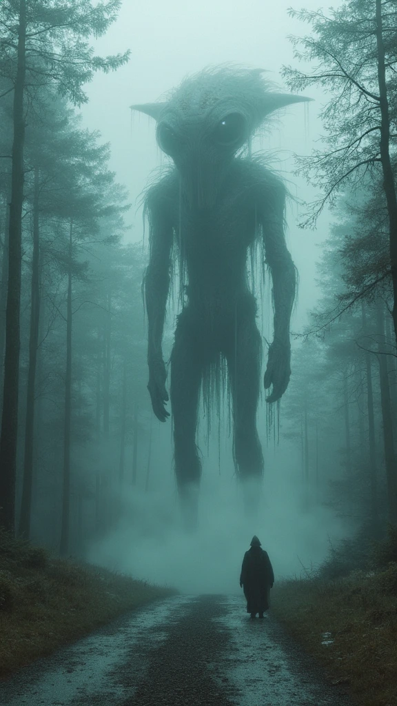 A strange colossus alien figure Inspired by a mixture of the styles of Moebius, Beksiński, Witkacy, on a foggy road, neo-medieval period and celestialpunk elements, with a black forest in the background, The scene captures a fusion of ancient medieval aesthetics with a futuristic and celestial twist, blending seamlessly in a photorealistic, detailed depiction.