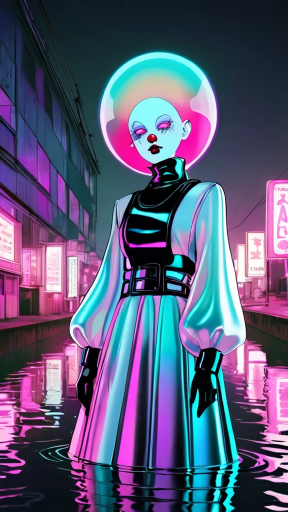 White, floral, unsettling, retro, vintage, glossy, satin-like, night-time, futuristic, iridescent, pink, clown nose, futuristic fashion, whimsical, fantasy, latex, dystopian, outdoors, metallic, hybrid, water, translucent, eerie, unsettling surrealism, muted colors horrorcore aesthetic [add buxom]