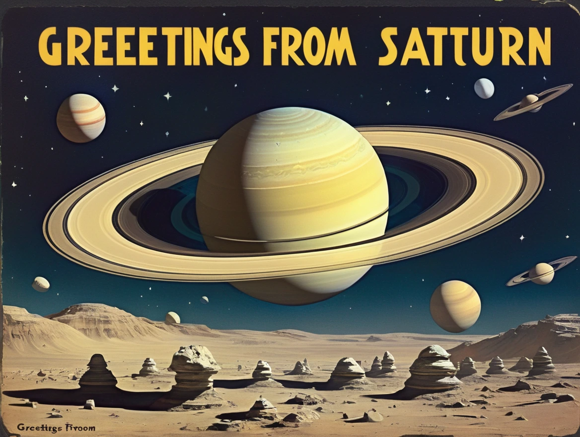 Postcard with text "Greetings from Saturn", vintage postcard style,