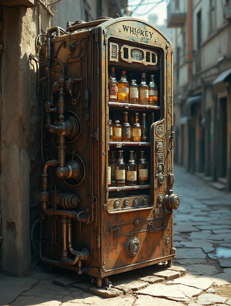 An intricately designed Whiskey vending machine clearly labelled 'WHISKEY' reimagined as a surreal relic, constructed from ancient, corroded steel and a labyrinth of exposed, twisting gears and clockwork mechanisms. The machine stands imposingly, its surface covered in cryptic engravings and symbols that seem to pulse with a forgotten energy. Its structure is a blend of archaic and futuristic elements, with pipes that coil like serpents and valves that resemble mechanical eyes. The whiskey selection buttons are oversized and irregular, some cracked open to reveal complex, otherworldly circuitry beneath. In the harsh sunlight, it casts sharp, fragmented shadows that stretch and warp across the ground, giving the impression of an ancient mechanical beast frozen in time. A faint, eerie glow seeps from its crevices, as if it harbors a hidden life force, contrasting starkly with the dingy, downtrodden city alleyway that surrounds it.