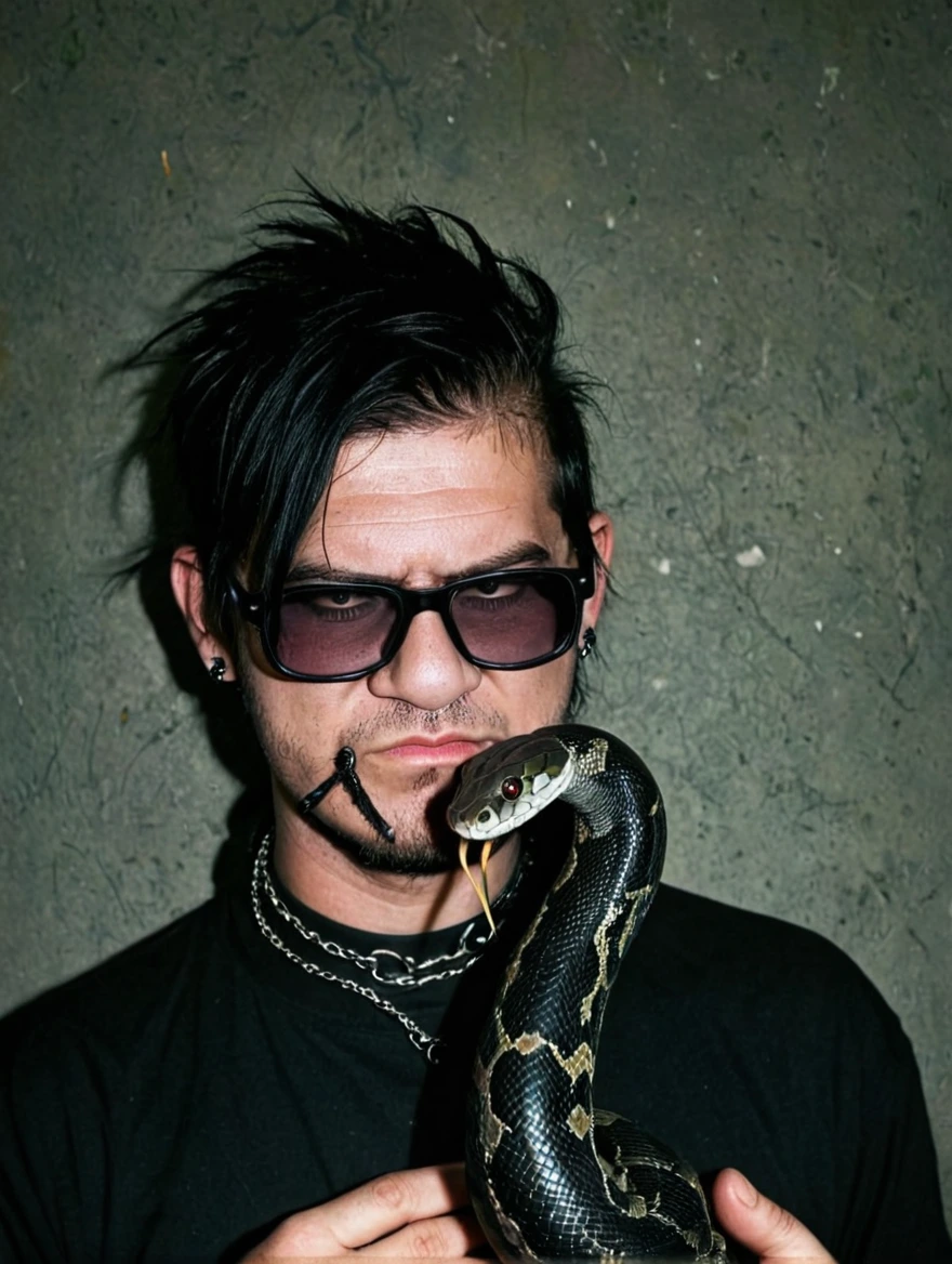 A male goth with piercings and a pet snake