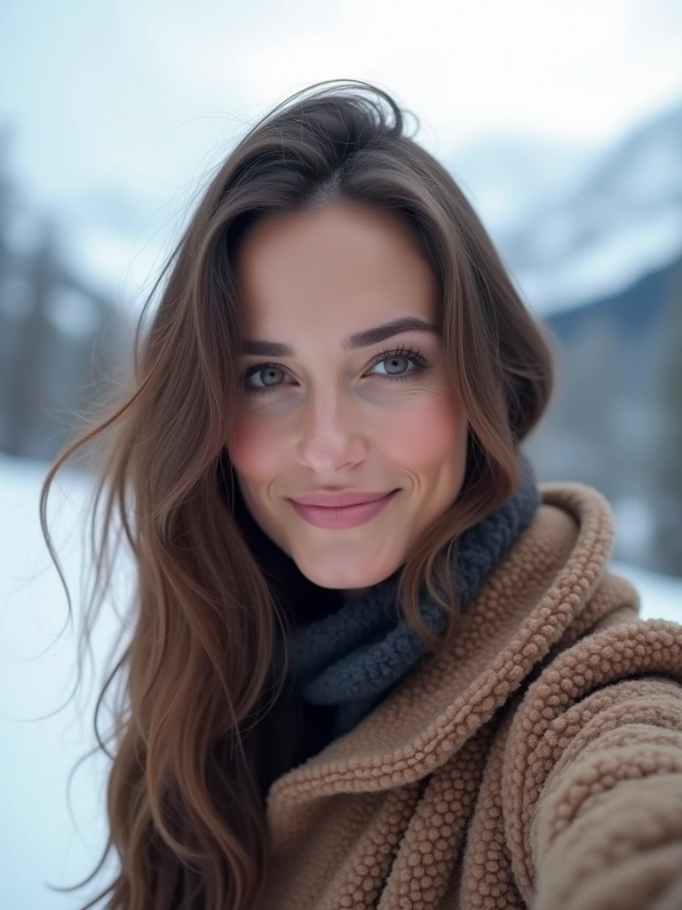 A beautiful brunette woman posing elegantly for a selfie. She is serious warmly, capturing a moment of unlikely connection and joy in a serene snowy mountain setting. High resolution, soft natural lighting, enchanting atmosphere.