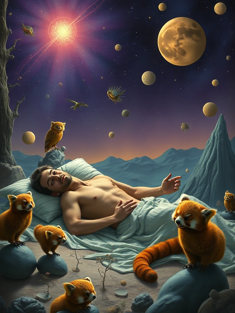 An otherworldly landscape inspired by Salvador Dali's surreal style, where a whimsical muscle shirtless man lying in bed is placed under a starry purple sky, surrounded by bizarre and dreamlike scenery with creatures as brown owls and red pandas cub . Hyper detailed.