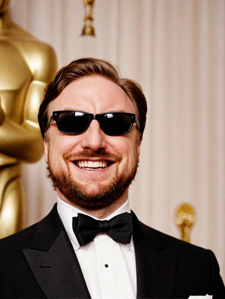 Man wearing a tuxedo winning an Oscar