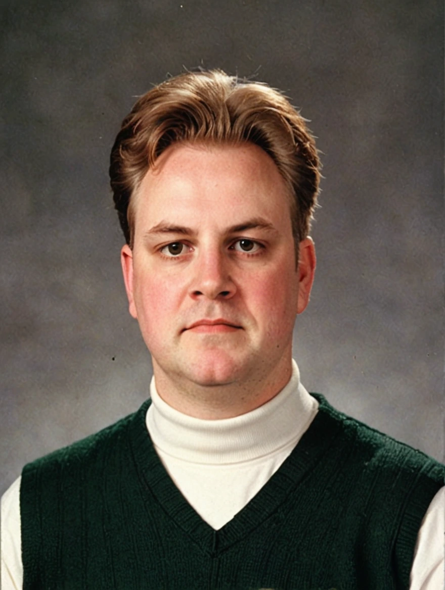 A 1993 yearbook photo of male high school student, turtlenecks, sweater vests, middle-part hairstyle