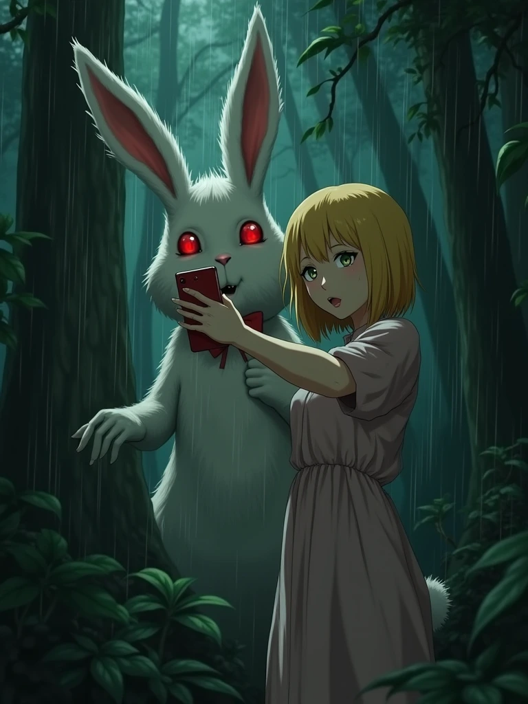 Japanese horror anime style, a beautiful blonde Japanese woman with crystal green eyes, she taking a selfie with a apple smart phone as a killer white bunny rabbit attacks her as she takes a selfie within a dark forest, crimson red eyes of Killer white bunny rabbit demon beast with thorough detailed, horror vintage realistic anime design, extreme sharpness of the rabbit, dark tropical paradise background as shadow exposure is cause by a hard rain storm as rain pours on everything.