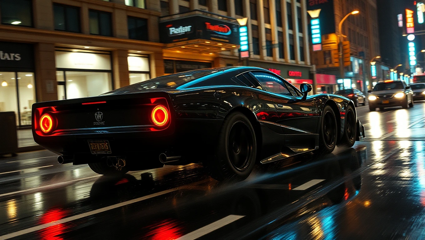 A Super futuristic Tank Reassembling A sleek black muscle car with red taillights driving down a wet city street at night, reflecting the lights of the surrounding buildings and streetlights.