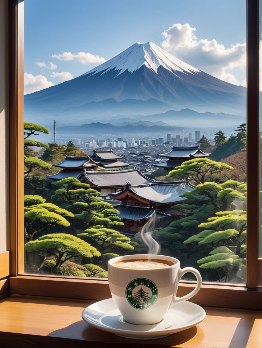 A detailed coffee cup by a window overlooks fuji mountain