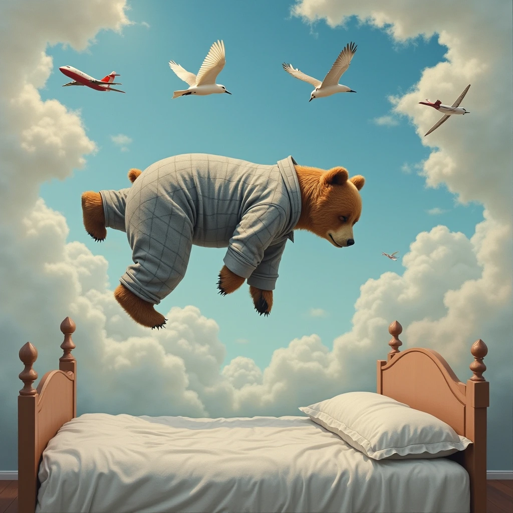 A surreal image of a cosy bedroom full of white clouds floating with birds and small aircraft with a bear levitating horizontally above a bed. The bear is wearing a gray plaid pajama, and appears to be in a deep sleep or relaxed state, with his eyes closed. while the rest of his body is suspended in the air. Surrealistic oil painting, highly detailed, blended colours, rich textures