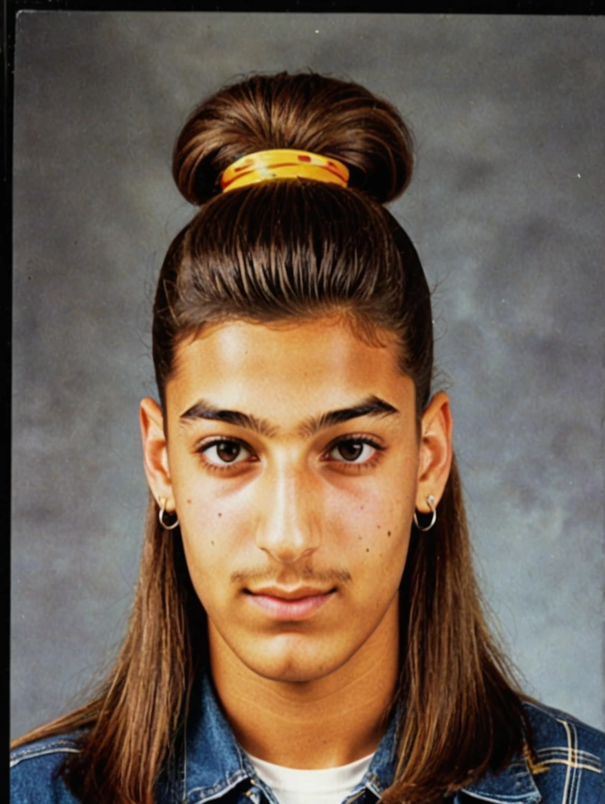 A 1993 yearbook photo of female high school student, plaid, jeans, hairspray, mini-skirts