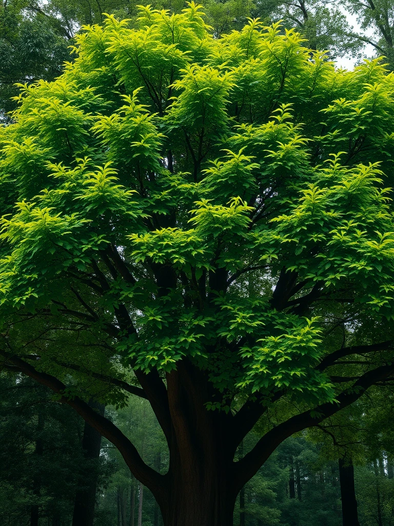 A breathtakingly realistic 8K resolution photograph of a large, lush tree in a tranquil forest setting. The dense canopy of green leaves at the top of the tree has been meticulously arranged to form the subtle yet unmistakable outline of a demonic skull face. The skull is crafted entirely from the natural shapes and textures of the leaves, with the background forest visible through the spaces between the leaves to create the impression of the skull's features. The design is remarkably intricate, requiring close inspection to fully discern the eerie visage hidden within the treetop. The lighting is natural and the details are crisp, creating a sense of photographic realism. Everything about the image, from the tree's majestic form to the unsettling skull hidden within, should captivate the viewer's attention.