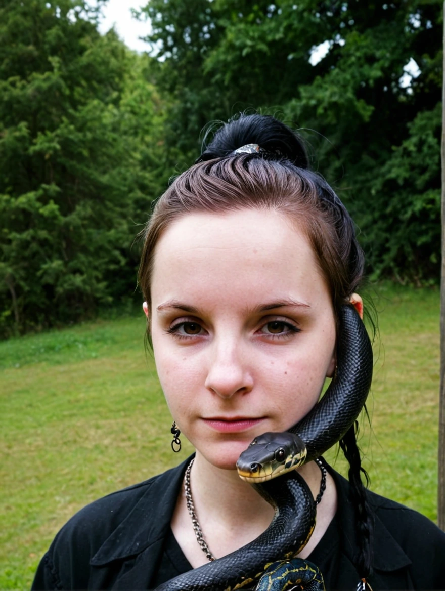 A female goth with piercings and a pet snake