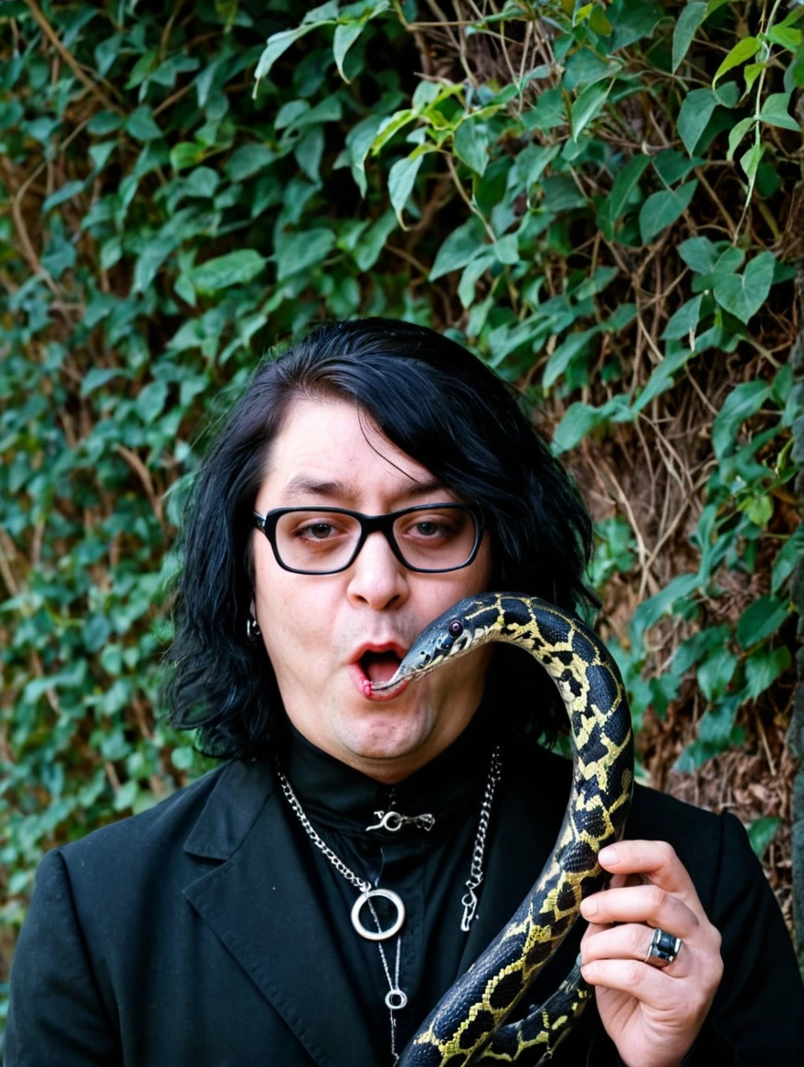 A male goth with piercings and a pet snake