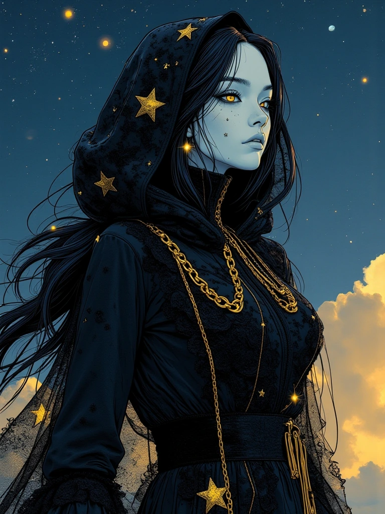 A mysterious female figure with pale white skin an…