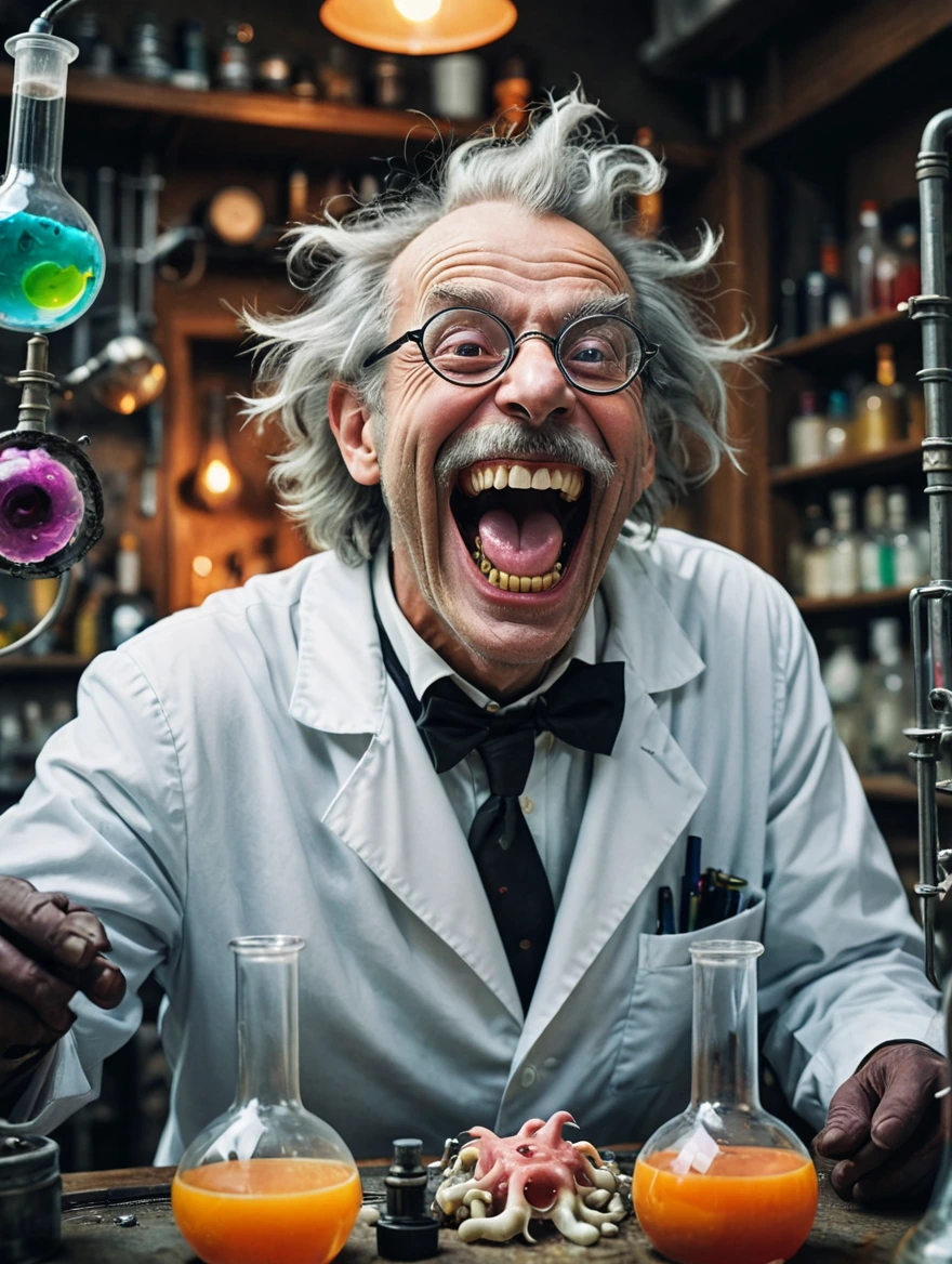 A mad scientist is laughing in joy at his monstrous creation spooky vibe, surrealist style, fantastical, magical, unexpected, super detail, dreamy lo-fi photography, colorful