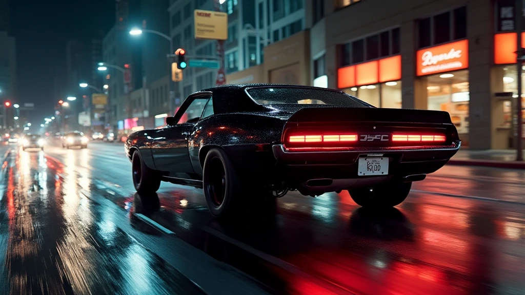 A sleek black muscle car with red taillights driving down a wet city street at night, reflecting the lights of the surrounding buildings and streetlights.