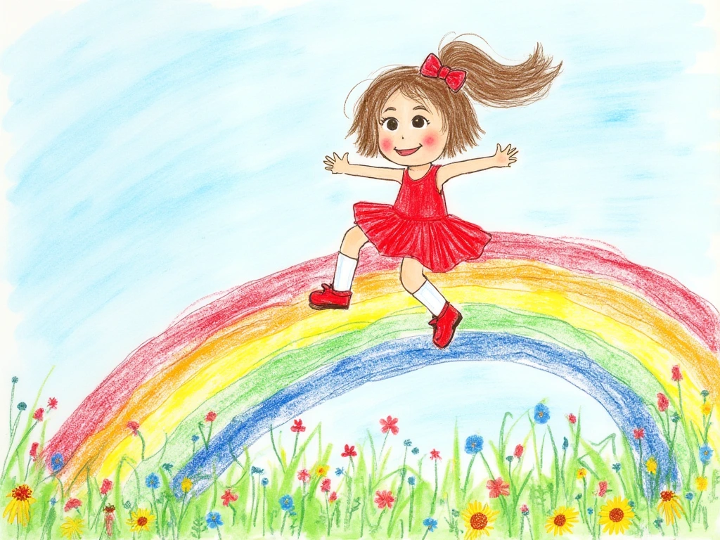 A child's crayon drawing of a smiling girl with brown hair wearing a red dress, white socks, and red shoes, joyfully riding a vibrant rainbow against a clear blue summer sky. The rainbow cascades down into a boundless, colorful meadow teeming with wildflowers. The artwork features heavy, amateurish outlines created with a 16 count crayon set on white paper, resembling the charming style of a preschool artist with simplistic geometric shapes and crooked, rough lines.