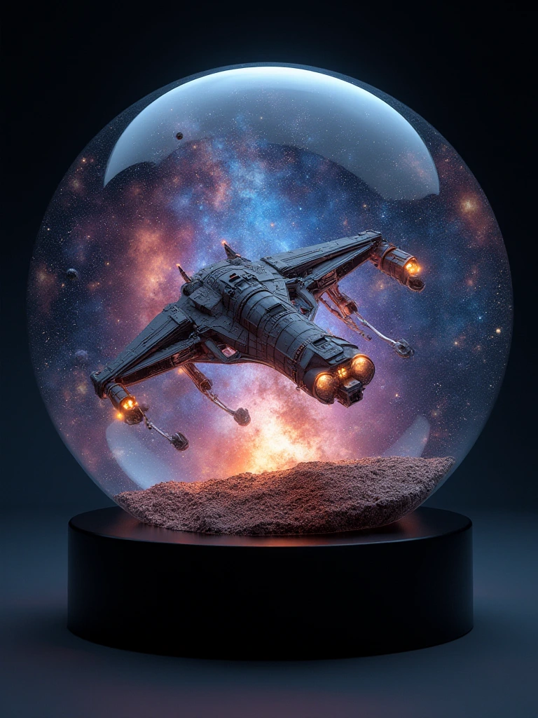 A round glass sphere measuring 12 inches in diameter, with a glowing galaxy and the spaceship 'Bird-of-Prey' inside featuring intricate details of swirling stars, colorful nebulas, and planetary systems. The glass sphere is placed on a sleek black base, illuminated by soft spotlighting to enhance the photorealistic quality of the galaxy within.