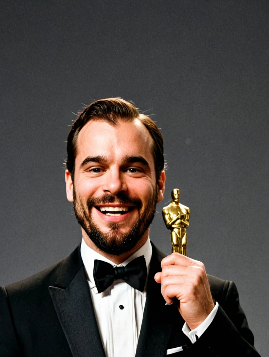 Man wearing a tuxedo winning an Oscar