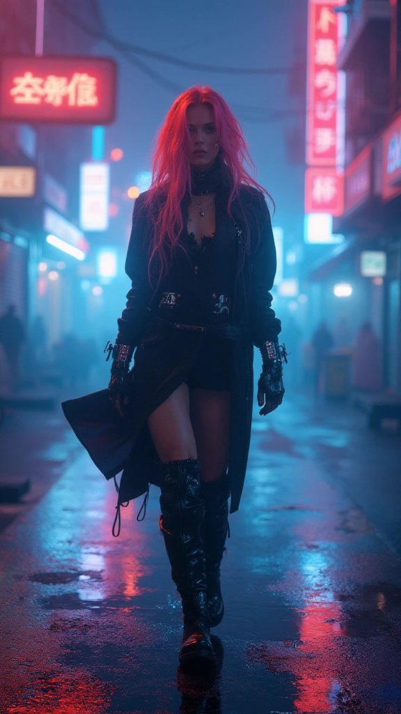 A mysterious cyberpunk girl with vibrant neon hair and glowing cybernetic implants, wearing high-gloss black leather boots, strides confidently down a foggy neon-lit street. The fog envelops the scene, enhancing the colorful neon lights reflecting off wet pavement. Captured on Kodak Portra 400 film, using a Canon EOS 5D Mark IV with a 50mm f/1.8 lens at f/2.8, the image dazzles with rich, detailed contrast and a razor-sharp focus on the cyberpunk aesthetic.