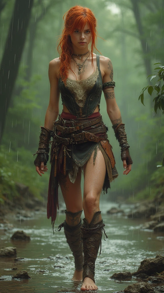 A highly detailed, realistic image of a young athletic woman with striking red hair, set in medieval times. She walks barefoot by a stream in a forest, rain falling gently around her. The side lighting enhances the intricate details of her outfit. She wears a tattered tank top with lace details and a short, asymmetrical skirt with a mix of leather and fabric panels. She accessorizes with fingerless gloves and a choker necklace. Her long ponytail and wet-textured bangs frame her serene expression, embodying the quiet beauty of the morning scene.