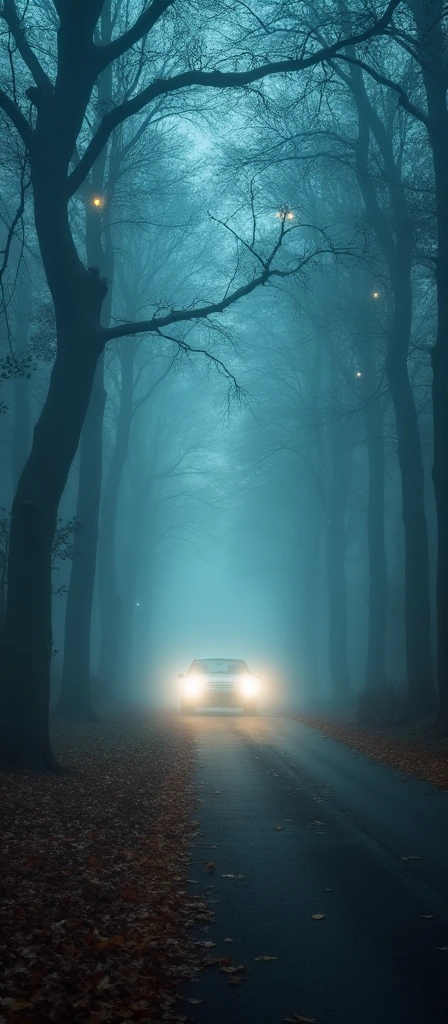 An astrophotograph of a foggy tunnel formed by intermingled and tangled branches of tall trees, with a car zooming through the scene, kicking up a trail of autumn leaves from the road. The atmosphere is mystical with soft, ethereal light filtering through the fog. The car's headlights cast beams through the mist, creating a sense of motion and speed. Stars faintly twinkle through gaps in the trees, adding a cosmic, dreamy element to the otherwise eerie, woodland setting.