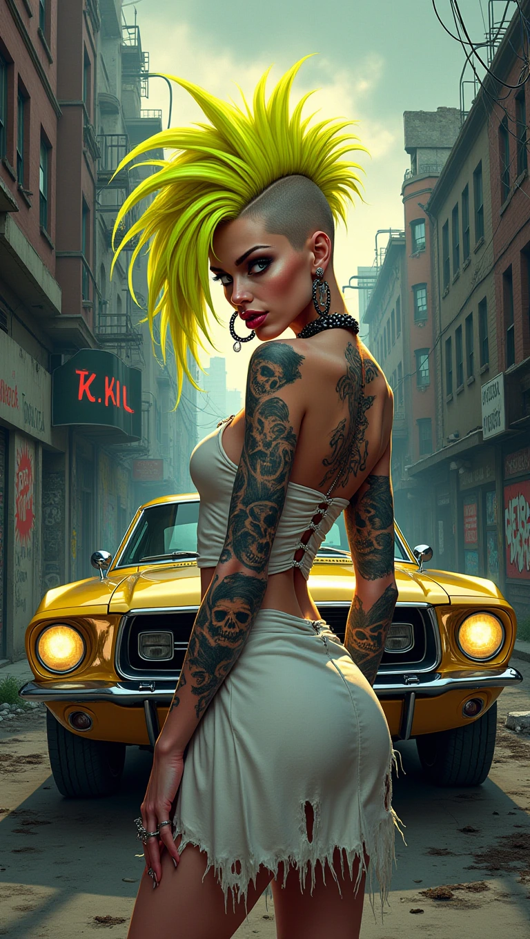 A post-apocalyptic femme fatale punk character with a vibrant neon yellow mohawk and bold undercut, exuding defiance with intense eyes, dark makeup, and a striking red lip. Adorned with numerous piercings and elaborate tattoos of skulls and monsters on arms and back, her figure standing boldly in a tight-fitting, torn white dress. The backdrop features a gritty, chaotic urban dystopia with a rugged yellow muscle car bearing a 'KIL KIL' license plate, dilapidated buildings, faded graffiti, tangled wires, and ominous overcast skies, all bathed in vivid yet dark hues for a comic book aesthetic with high detail and dramatic lighting. Anime, zenless zen zone style