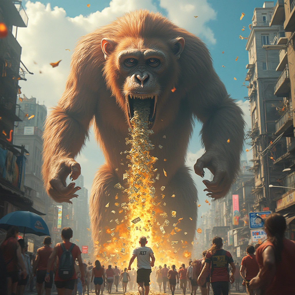 A towering, larger-than-life beautiful Monkey , gleaming with power and mischief, unleashes a vibrant stream of assorted chunks of Money vomit from its jaws. The chaotic scene with people running with the word "JEET" on their shirt, unfolds in a bustling cityscape below, with buildings crumbling and colorful magic adding an element of destruction in this photorealistic depiction.