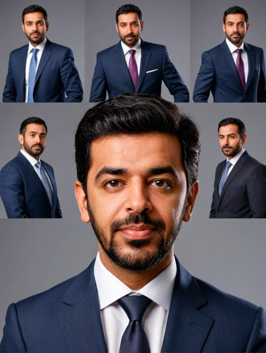 A middle-aged arabian man in a modern business suit portrayed in various facial expressions and poses from different angles of his head from front to back view across 6 panels with isolated backgrounds, photography. Professional color grading with soft shadows, professional studio Lightning